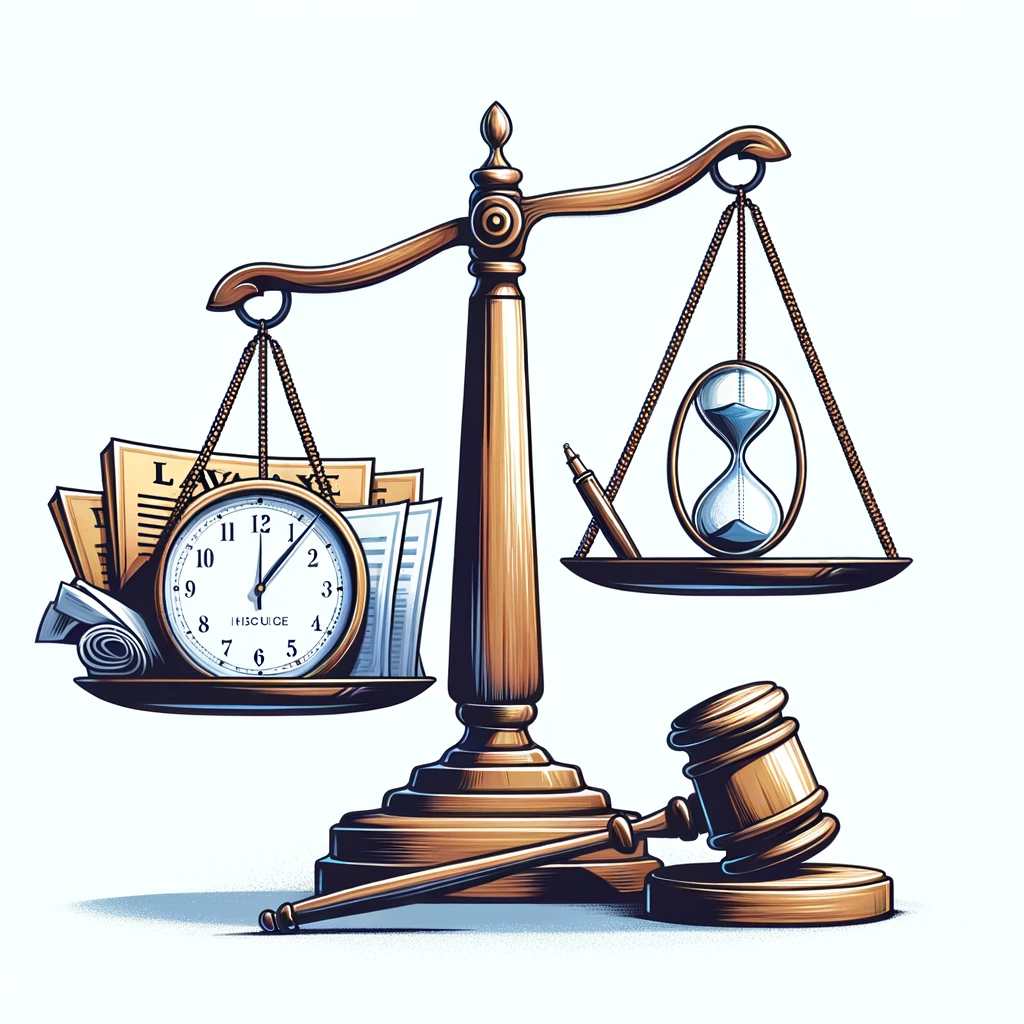 A balanced scale with legal documents and an hourglass symbolizing the careful consideration in wage and hour disputes.