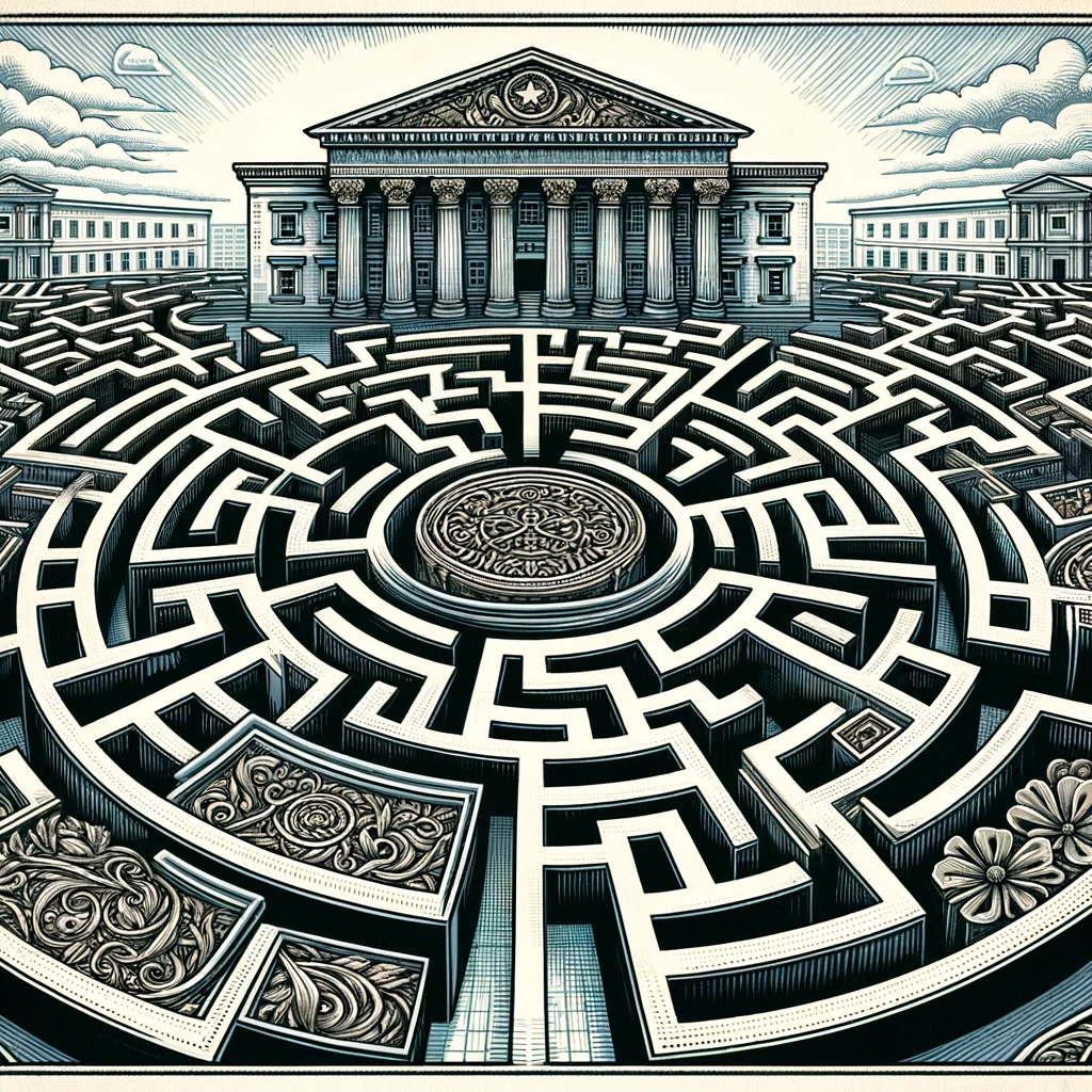 Alt Text: Illustration of a maze with a courthouse backdrop symbolizing the complexities of navigating PAGA (Private Attorney General Act) cases in California's legal system.