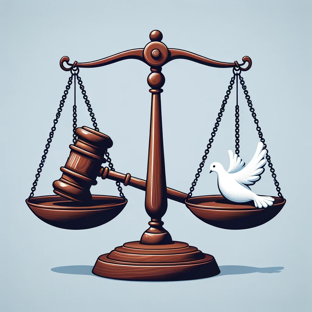 Balanced scales of justice with a gavel and a peaceful dove, symbolizing the balance between legal authority and peace achieved through mediation in PAGA cases.