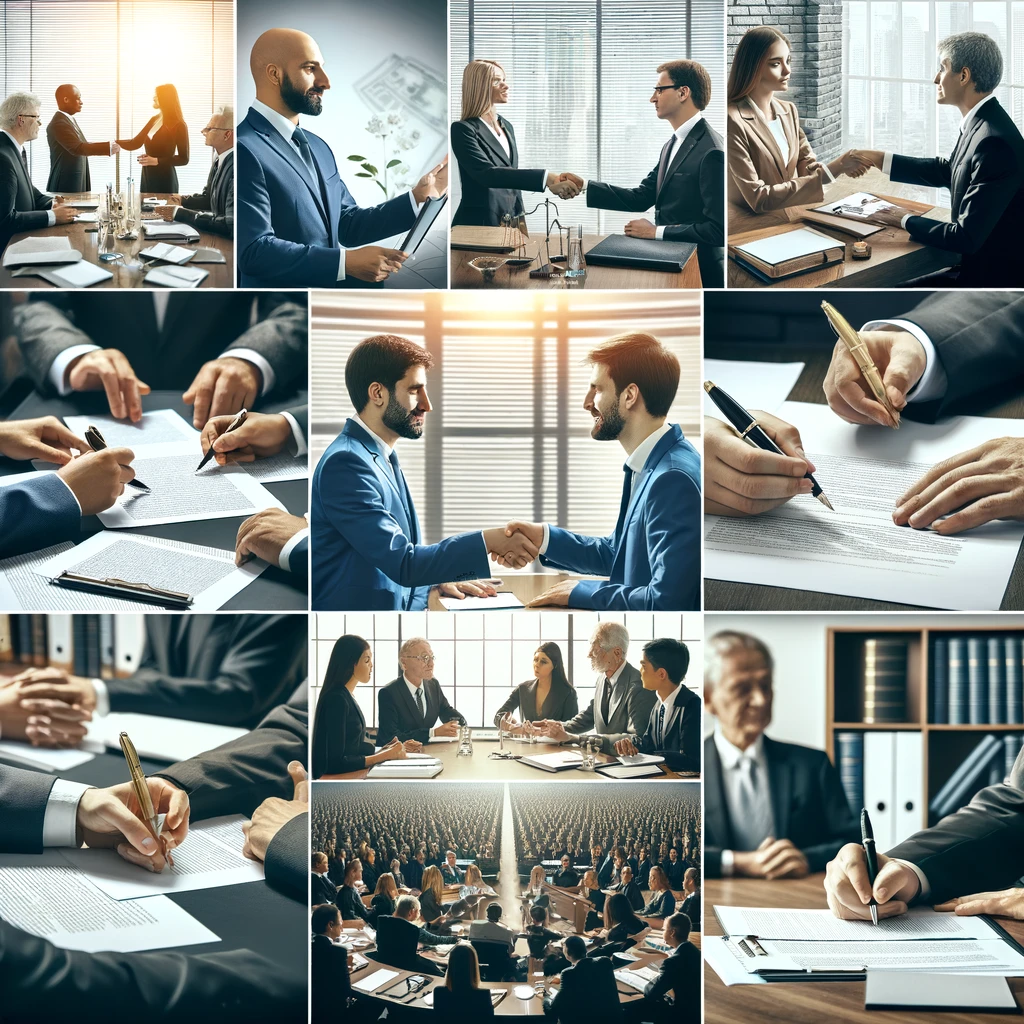 Montage of successful mediation meetings, showcasing participants shaking hands, signing agreements, and engaging in constructive discussions, reflecting the success of mediation in PAGA cases.